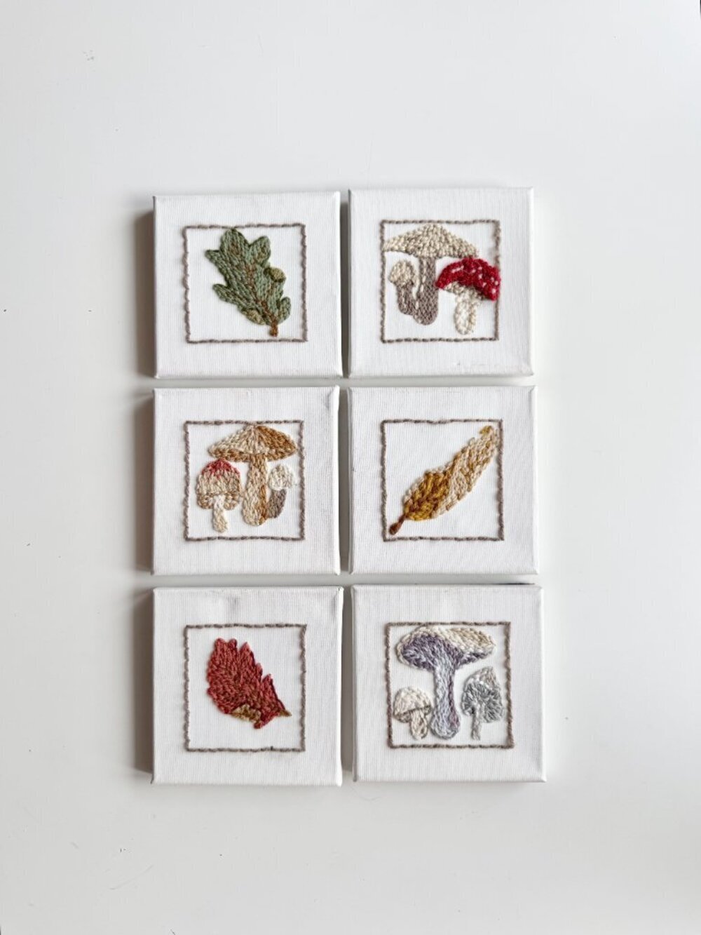 Lot of 2 CAUSTIC COMFORT Embroidered Punch Needle Mushroom Leaf Wall Art Artwork